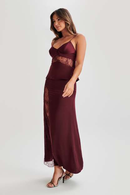 Luella Satin Lace Maxi Skirt - Plum-My Chic Way.All Rights Reserved