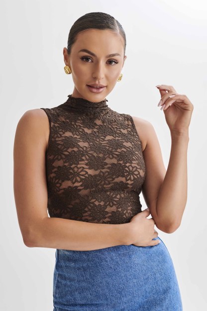 Elska Lace High Neck Top - Chocolate-My Chic Way.All Rights Reserved