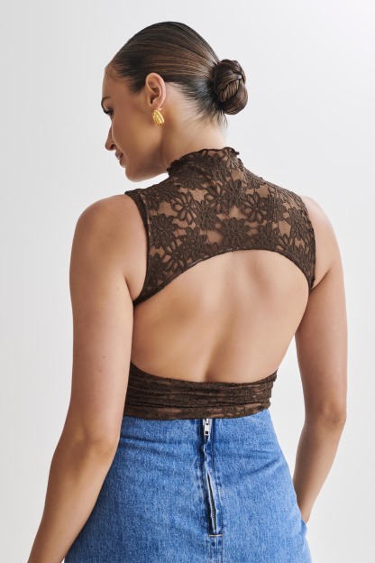 Elska Lace High Neck Top - Chocolate-My Chic Way.All Rights Reserved