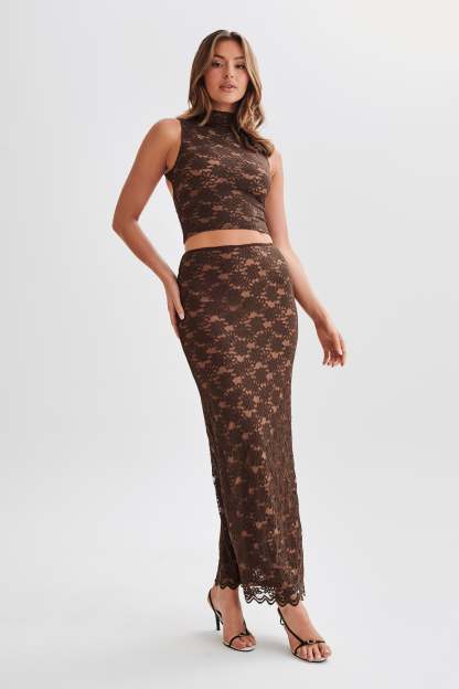 Elska Lace High Neck Top - Chocolate-My Chic Way.All Rights Reserved