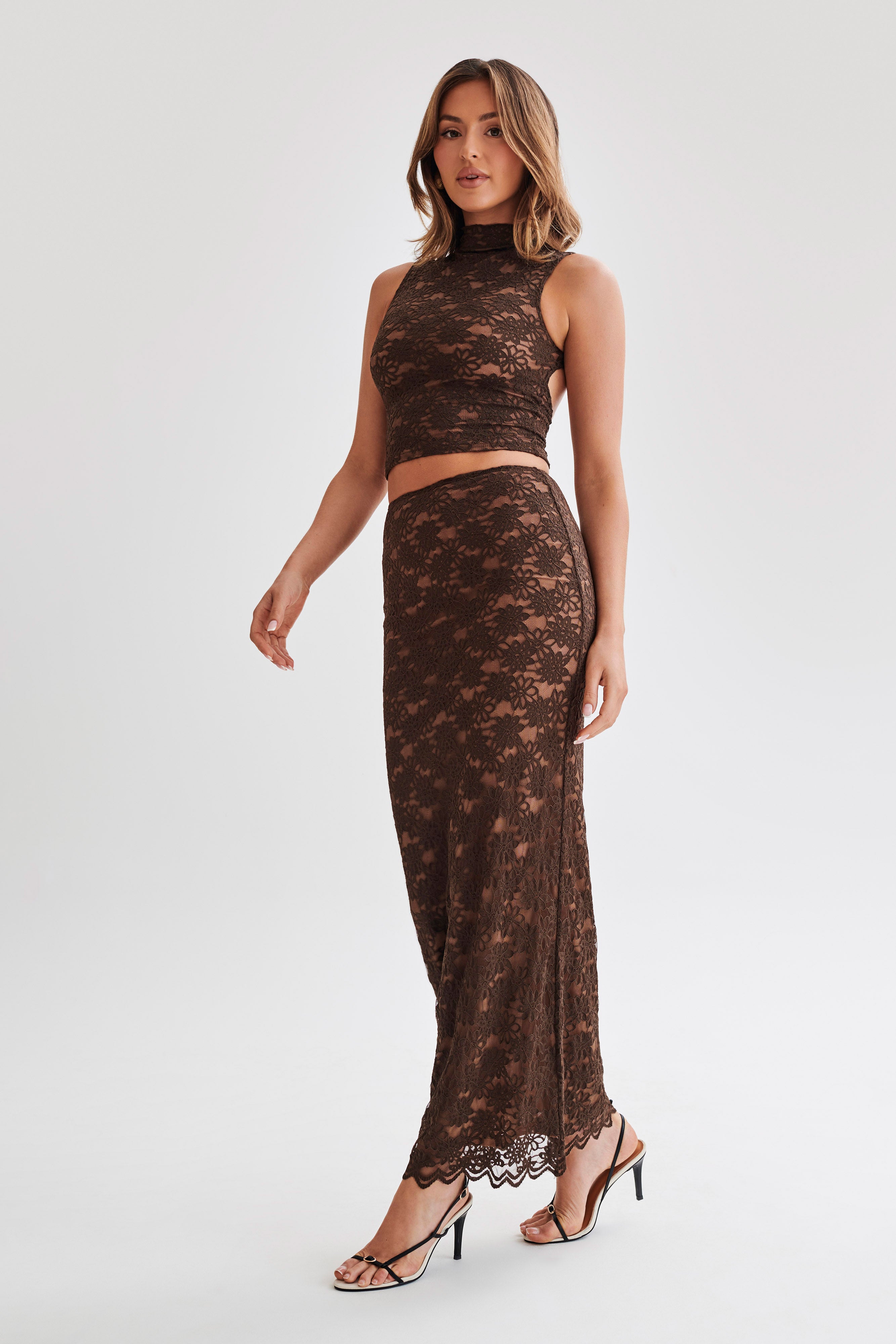 Elska Lace High Neck Top - Chocolate-My Chic Way.All Rights Reserved
