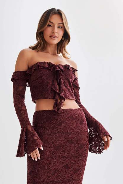 Artemis Lace Plisse Off Shoulder Top - Plum-My Chic Way.All Rights Reserved