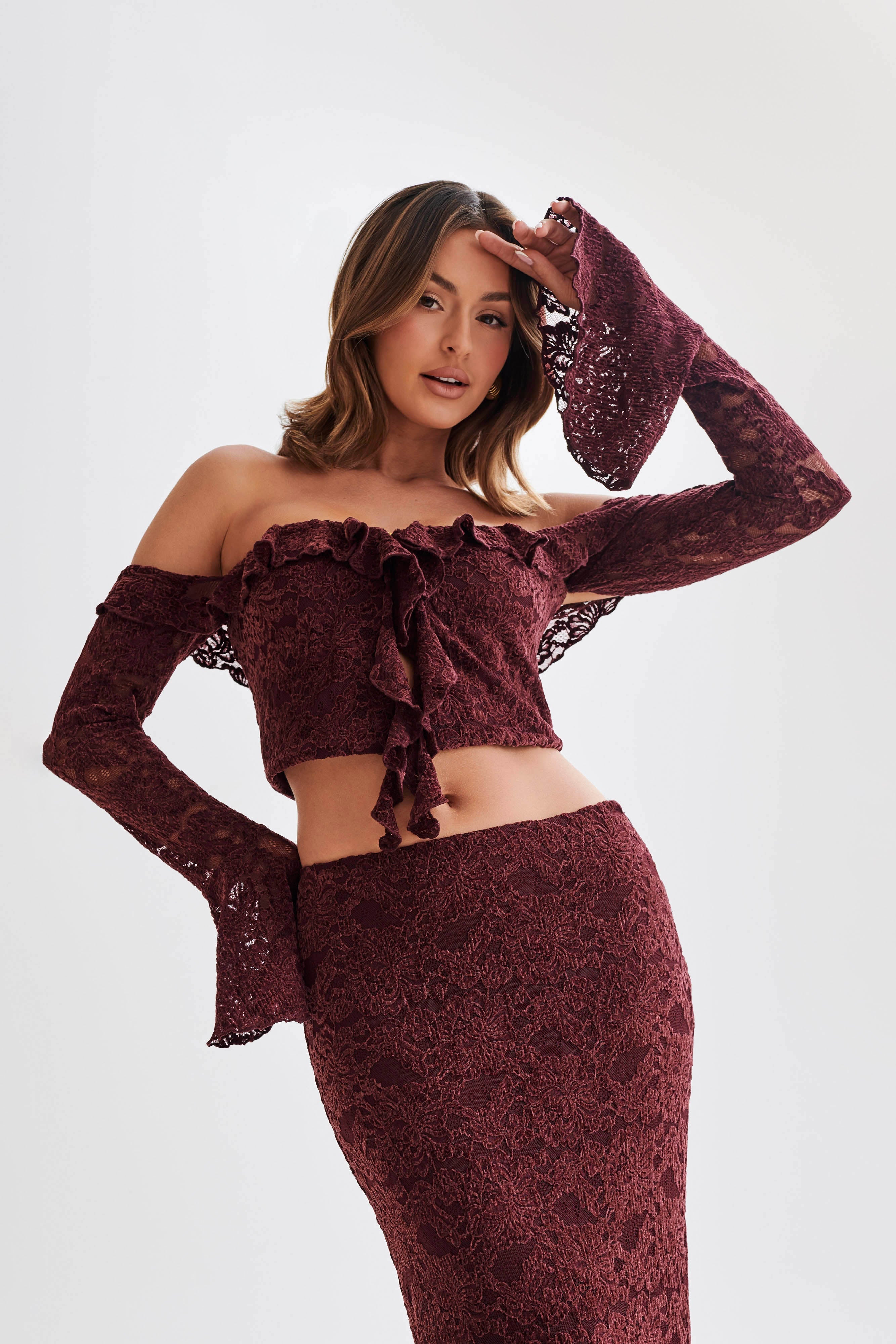 Artemis Lace Plisse Off Shoulder Top - Plum-My Chic Way.All Rights Reserved