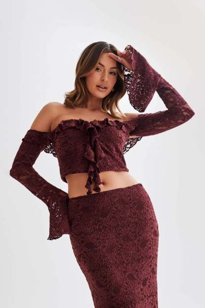 Artemis Lace Plisse Off Shoulder Top - Plum-My Chic Way.All Rights Reserved