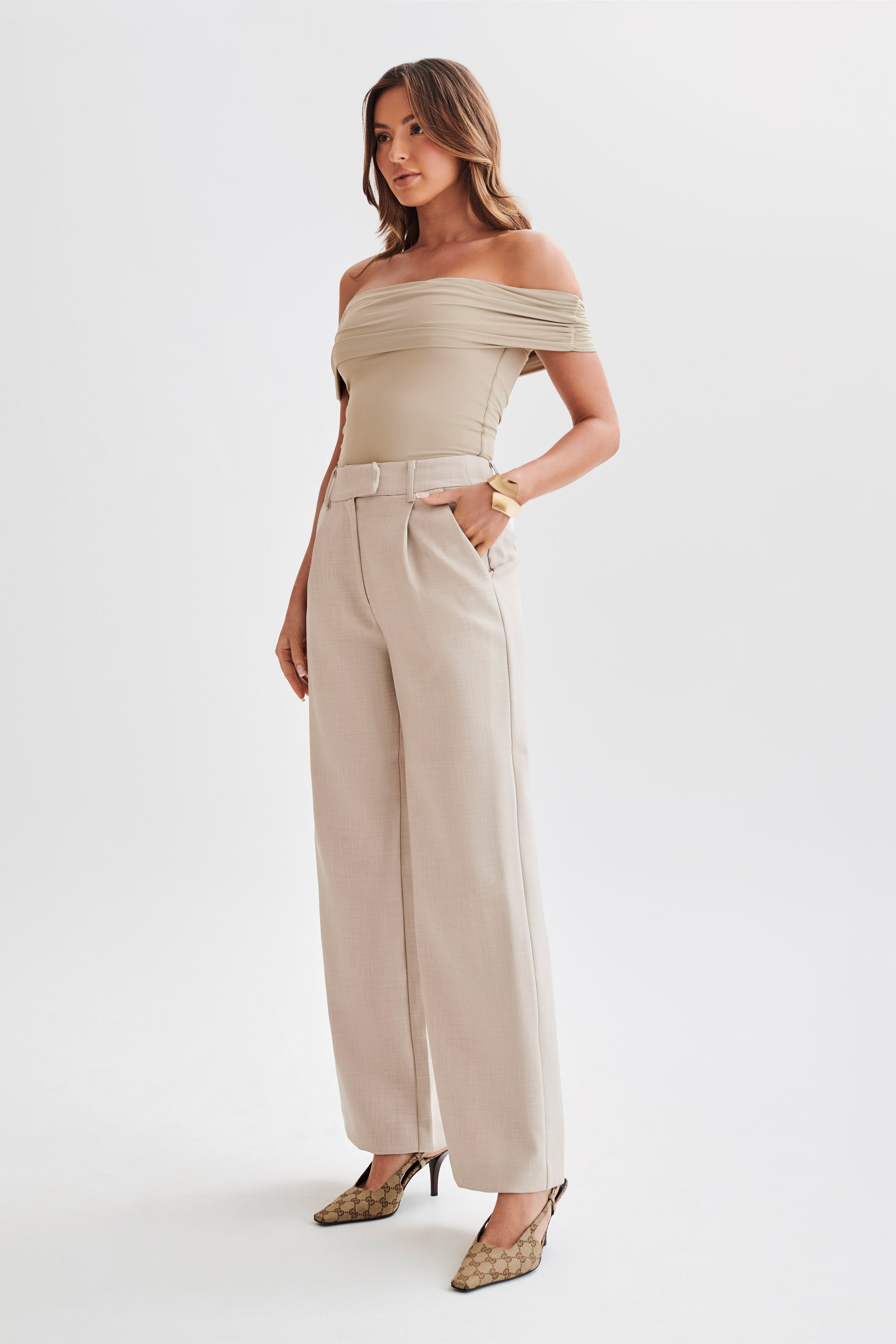 Meena Recycled Nylon Off Shoulder Top - Taupe-My Chic Way.All Rights Reserved