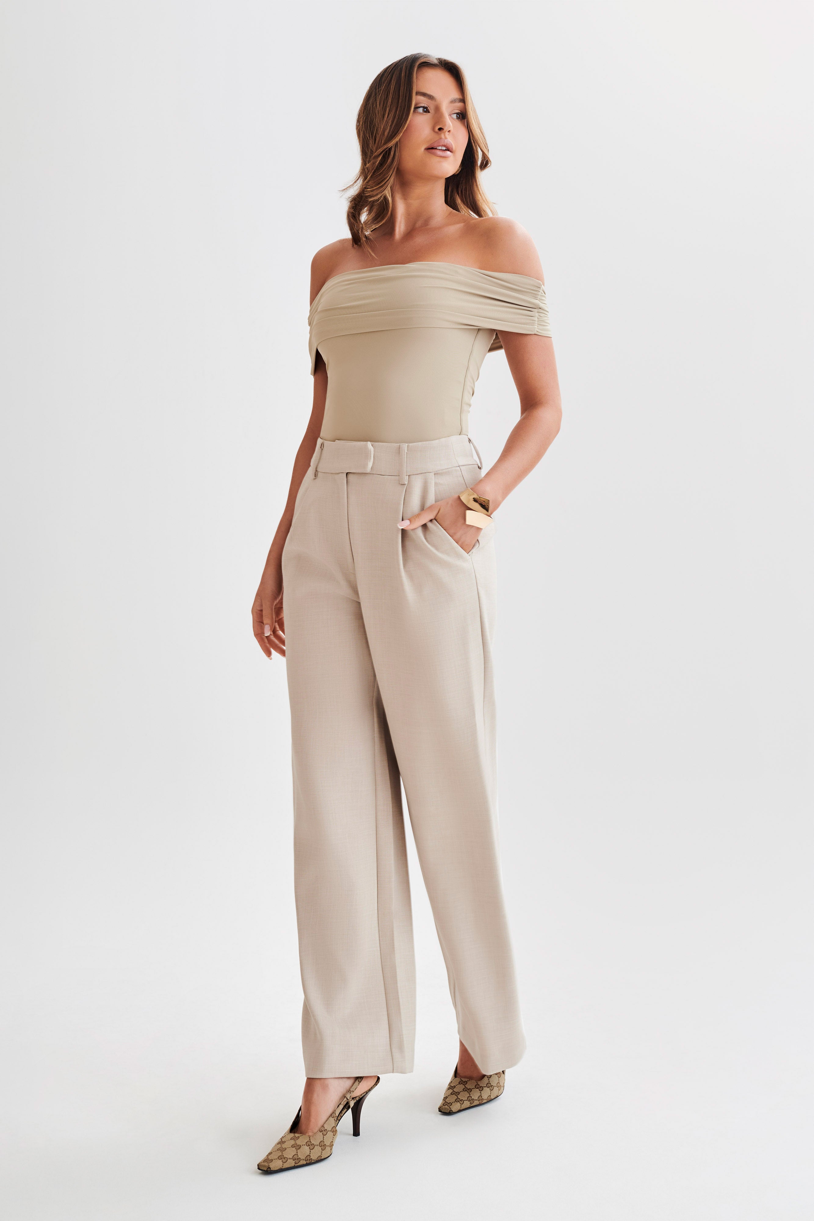Meena Recycled Nylon Off Shoulder Top - Taupe-My Chic Way.All Rights Reserved