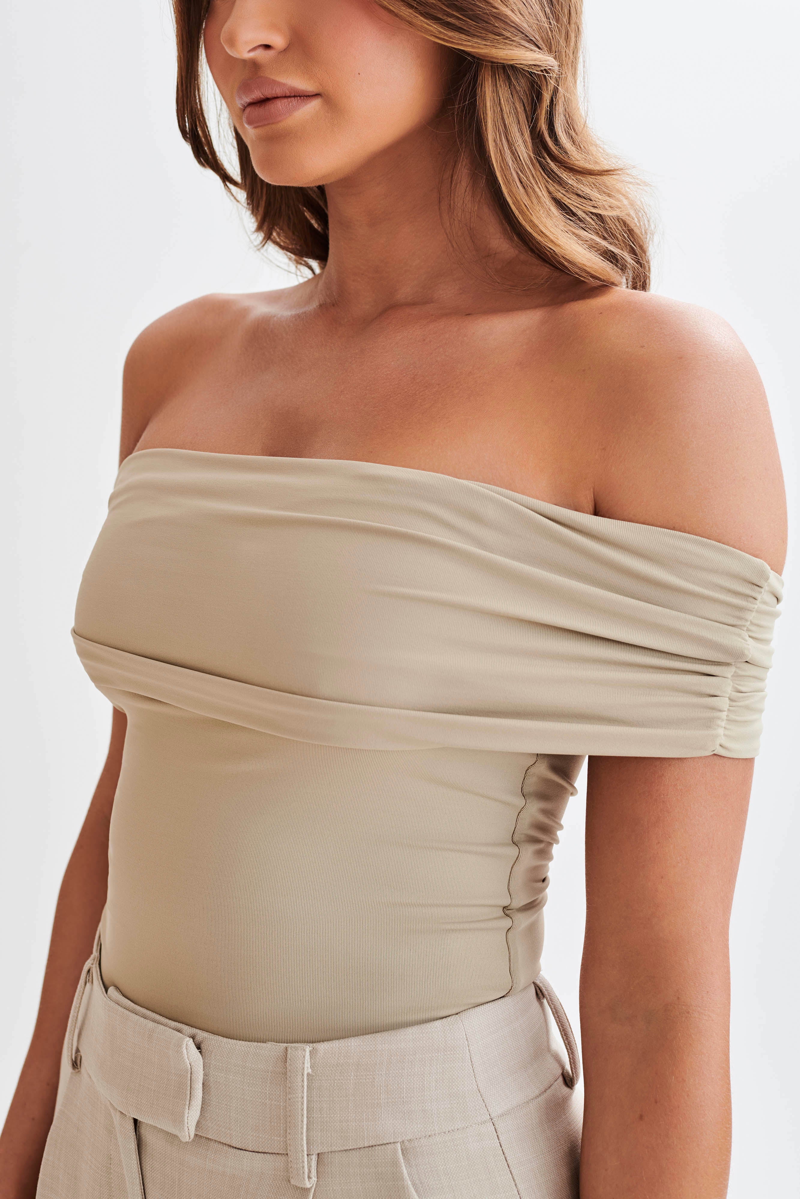Meena Recycled Nylon Off Shoulder Top - Taupe-My Chic Way.All Rights Reserved