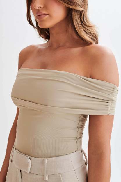 Meena Recycled Nylon Off Shoulder Top - Taupe-My Chic Way.All Rights Reserved