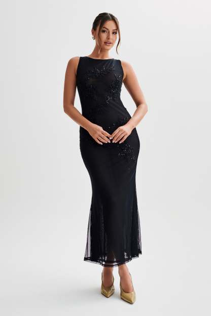 Maeva Embroidered Mesh Maxi Dress - Black-My Chic Way.All Rights Reserved