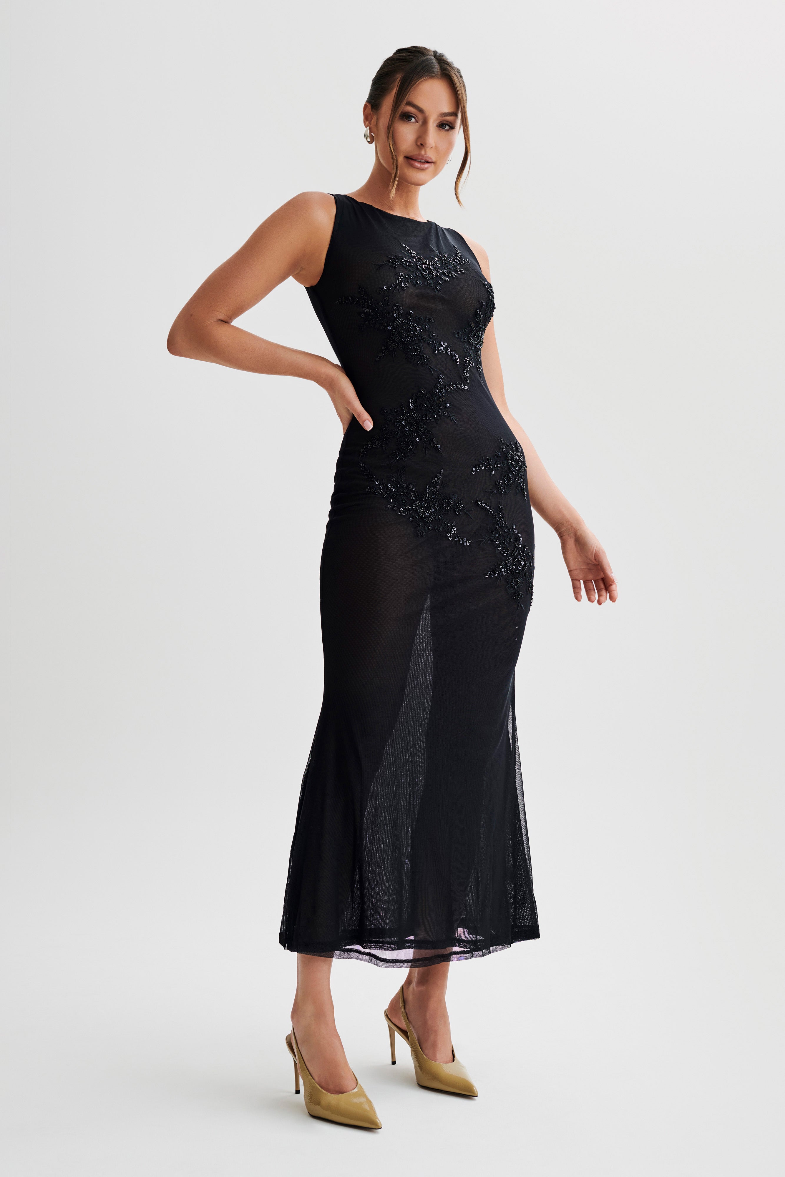 Maeva Embroidered Mesh Maxi Dress - Black-My Chic Way.All Rights Reserved