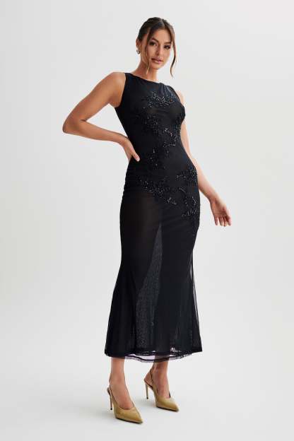 Maeva Embroidered Mesh Maxi Dress - Black-My Chic Way.All Rights Reserved