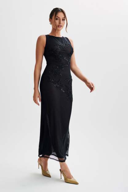 Maeva Embroidered Mesh Maxi Dress - Black-My Chic Way.All Rights Reserved