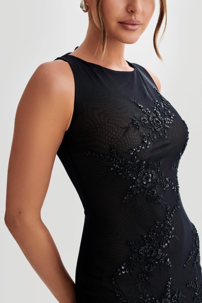 Maeva Embroidered Mesh Maxi Dress - Black-My Chic Way.All Rights Reserved
