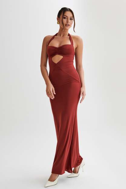 Ginevra Slinky Halter Maxi Dress - Cherry Red-My Chic Way.All Rights Reserved