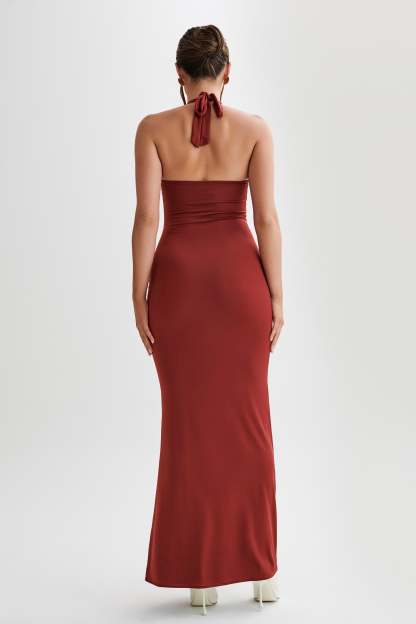 Ginevra Slinky Halter Maxi Dress - Cherry Red-My Chic Way.All Rights Reserved