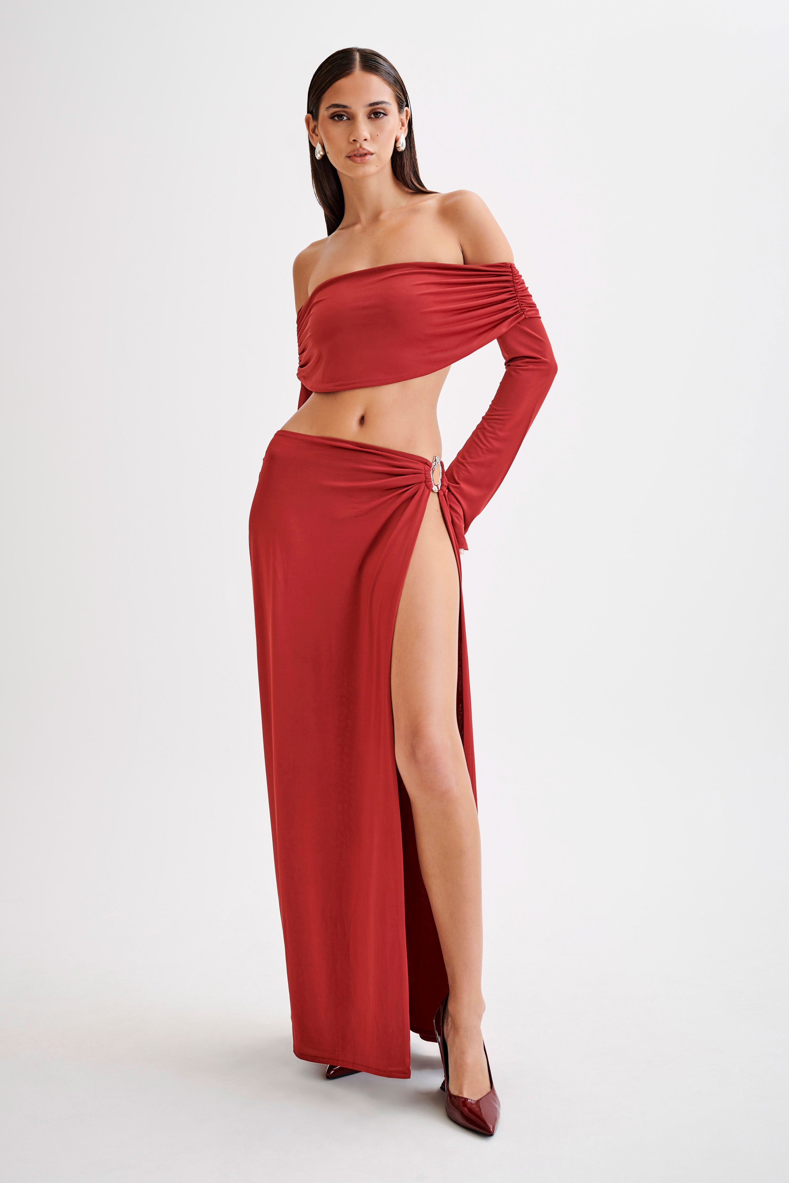 Camryn Slinky Off Shoulder Crop Top - Cherry Red-My Chic Way.All Rights Reserved