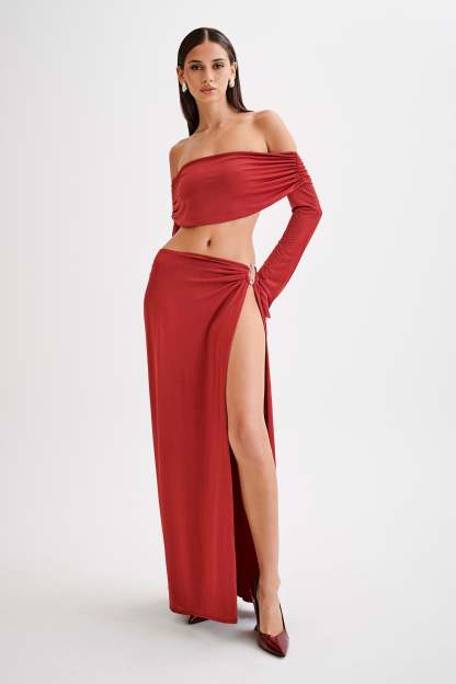 Camryn Slinky Off Shoulder Crop Top - Cherry Red-My Chic Way.All Rights Reserved