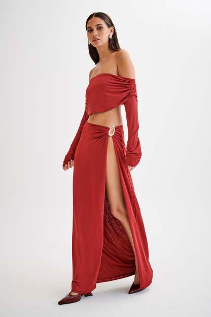Camryn Slinky Off Shoulder Crop Top - Cherry Red-My Chic Way.All Rights Reserved