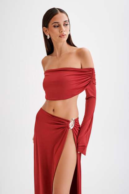 Camryn Slinky Off Shoulder Crop Top - Cherry Red-My Chic Way.All Rights Reserved