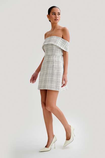 Helena Tweed Off Shoulder Mini Dress - White Check-My Chic Way.All Rights Reserved