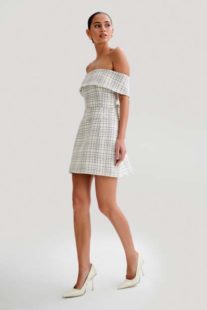 Helena Tweed Off Shoulder Mini Dress - White Check-My Chic Way.All Rights Reserved
