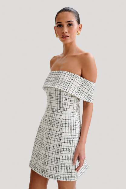 Helena Tweed Off Shoulder Mini Dress - White Check-My Chic Way.All Rights Reserved