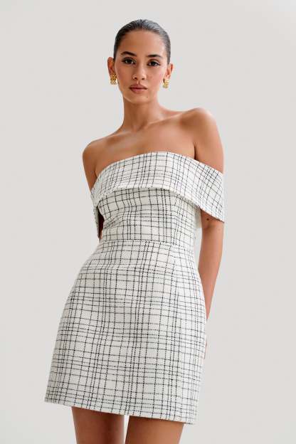 Helena Tweed Off Shoulder Mini Dress - White Check-My Chic Way.All Rights Reserved