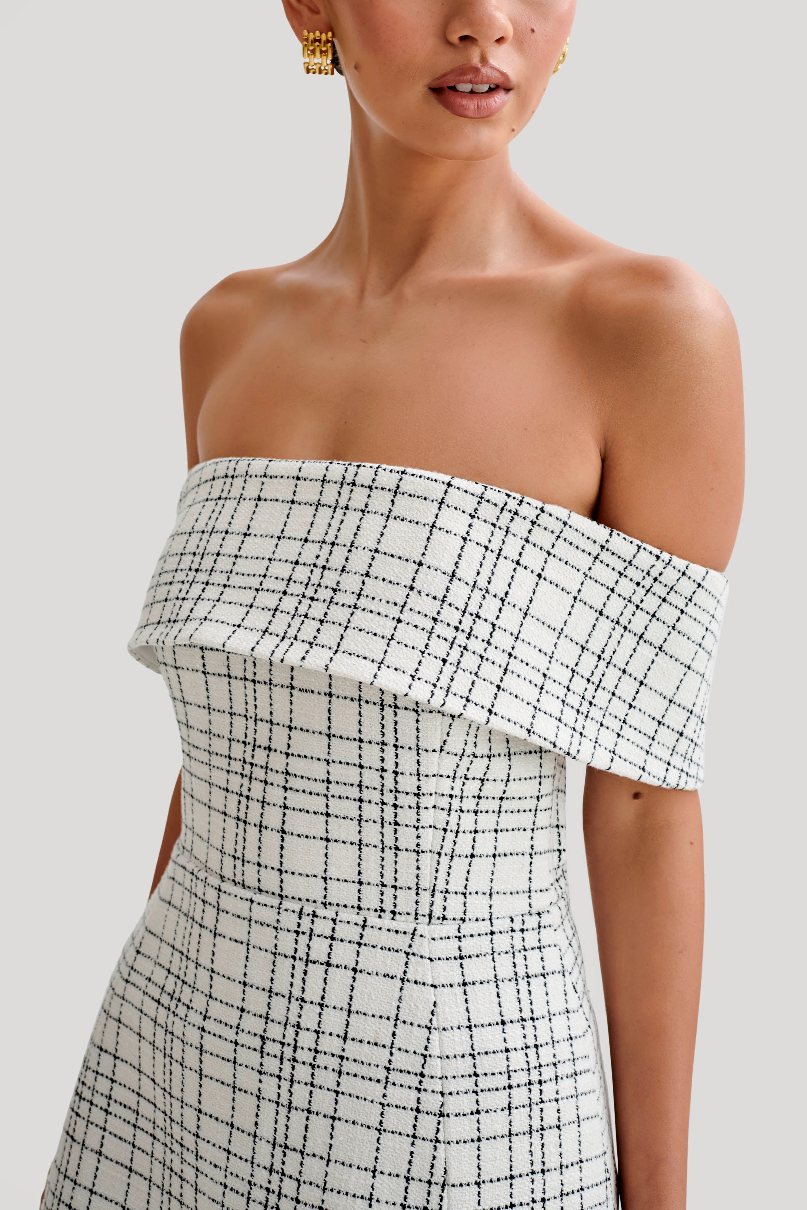Helena Tweed Off Shoulder Mini Dress - White Check-My Chic Way.All Rights Reserved