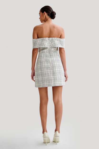 Helena Tweed Off Shoulder Mini Dress - White Check-My Chic Way.All Rights Reserved