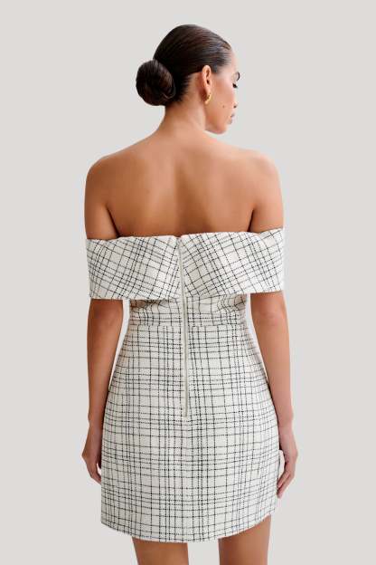 Helena Tweed Off Shoulder Mini Dress - White Check-My Chic Way.All Rights Reserved