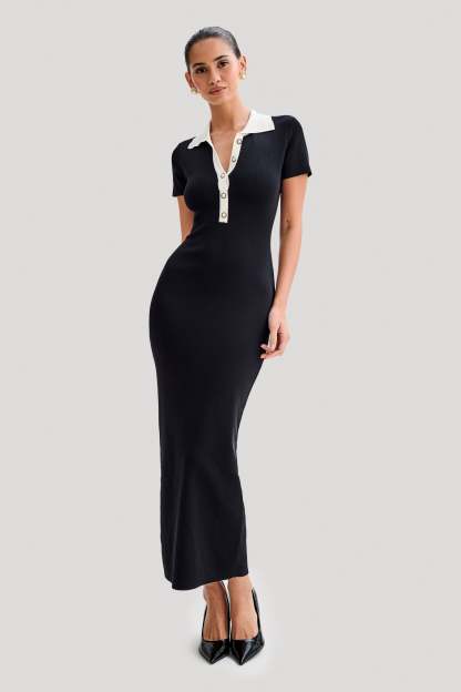 Jessamine Collared Contrast Maxi Dress - Black-My Chic Way.All Rights Reserved