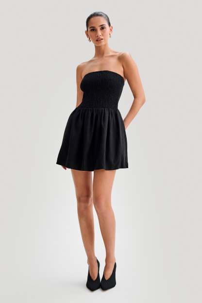 Holland Linen Shirring Mini Dress - Black-My Chic Way.All Rights Reserved