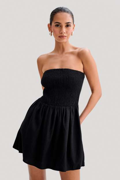 Holland Linen Shirring Mini Dress - Black-My Chic Way.All Rights Reserved
