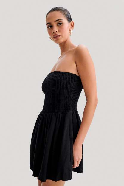 Holland Linen Shirring Mini Dress - Black-My Chic Way.All Rights Reserved