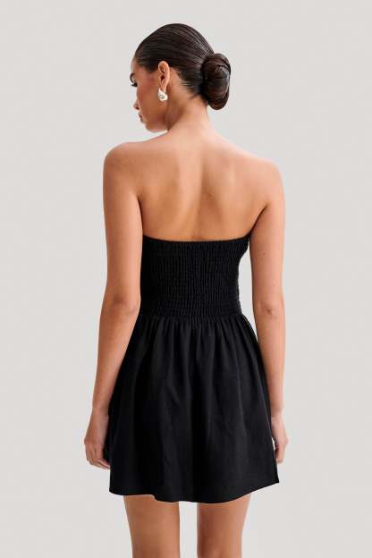 Holland Linen Shirring Mini Dress - Black-My Chic Way.All Rights Reserved