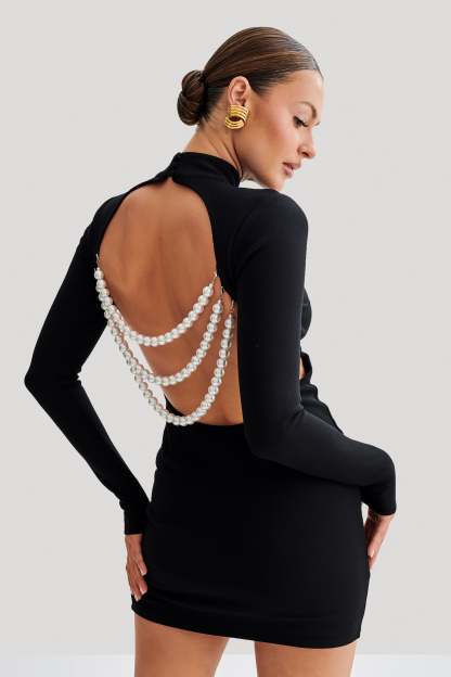 Agatha Crepe Pearl Mini Dress - Black-My Chic Way.All Rights Reserved