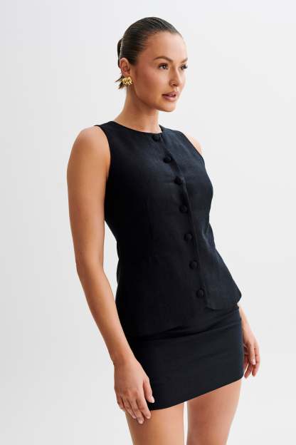 Laurence Sleeveless Linen Longline Top - Black-My Chic Way.All Rights Reserved