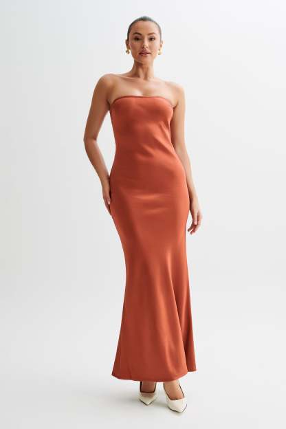 Claudette Strapless Satin Maxi Dress - Burnt Orange-My Chic Way.All Rights Reserved