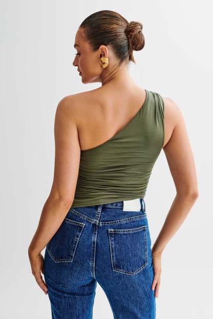 Sarah One Shoulder Modal Asymmetric Top - Military Olive-My Chic Way.All Rights Reserved