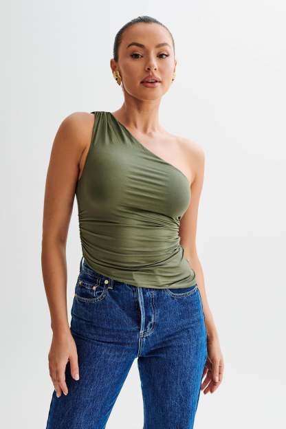 Sarah One Shoulder Modal Asymmetric Top - Military Olive-My Chic Way.All Rights Reserved
