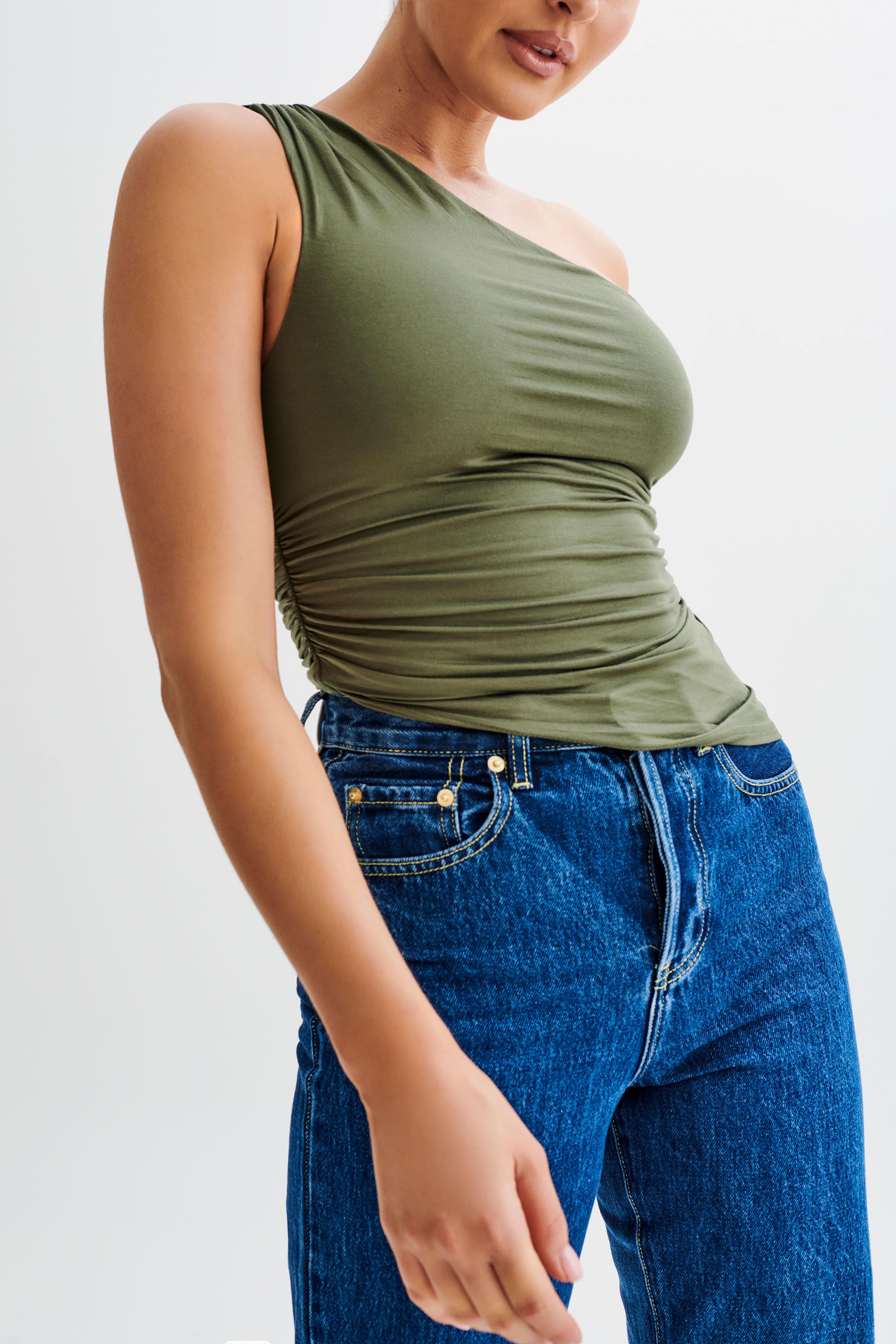 Sarah One Shoulder Modal Asymmetric Top - Military Olive-My Chic Way.All Rights Reserved