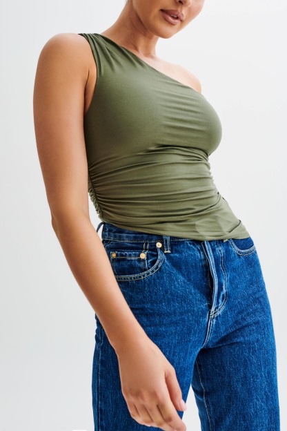 Sarah One Shoulder Modal Asymmetric Top - Military Olive-My Chic Way.All Rights Reserved