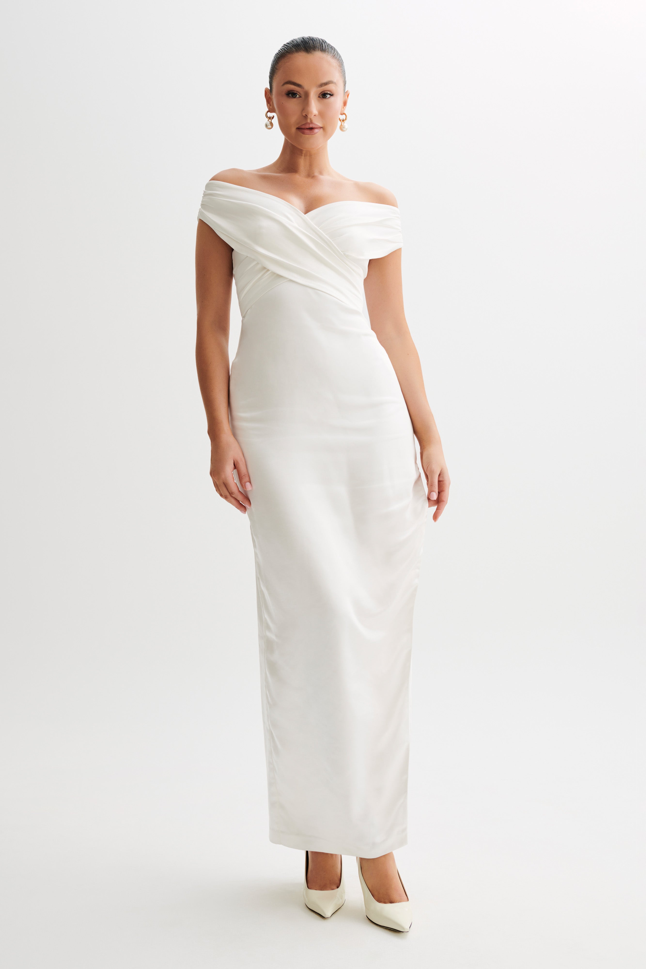 Harley Off Shoulder Satin Maxi Dress - Ivory-My Chic Way.All Rights Reserved
