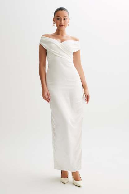Harley Off Shoulder Satin Maxi Dress - Ivory-My Chic Way.All Rights Reserved