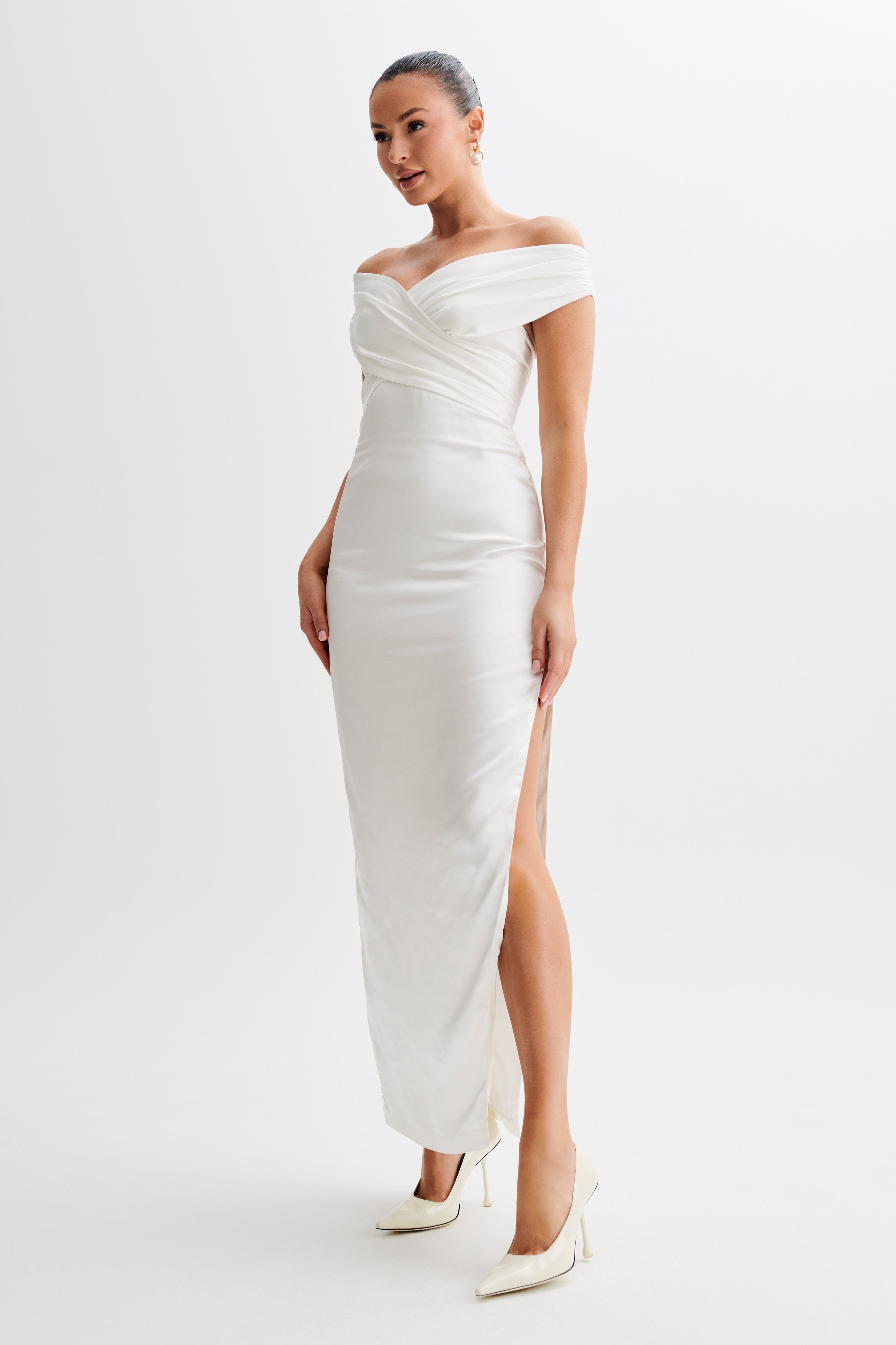 Harley Off Shoulder Satin Maxi Dress - Ivory-My Chic Way.All Rights Reserved