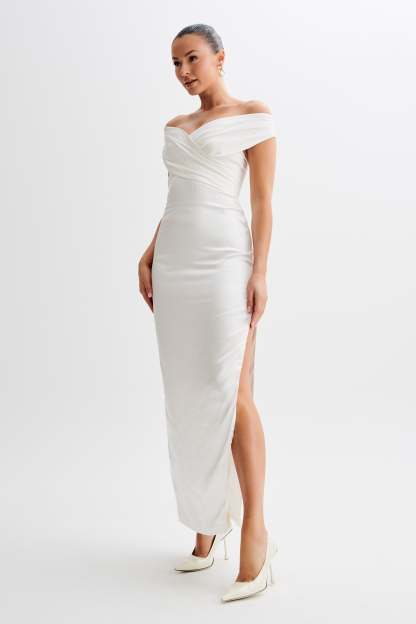 Harley Off Shoulder Satin Maxi Dress - Ivory-My Chic Way.All Rights Reserved
