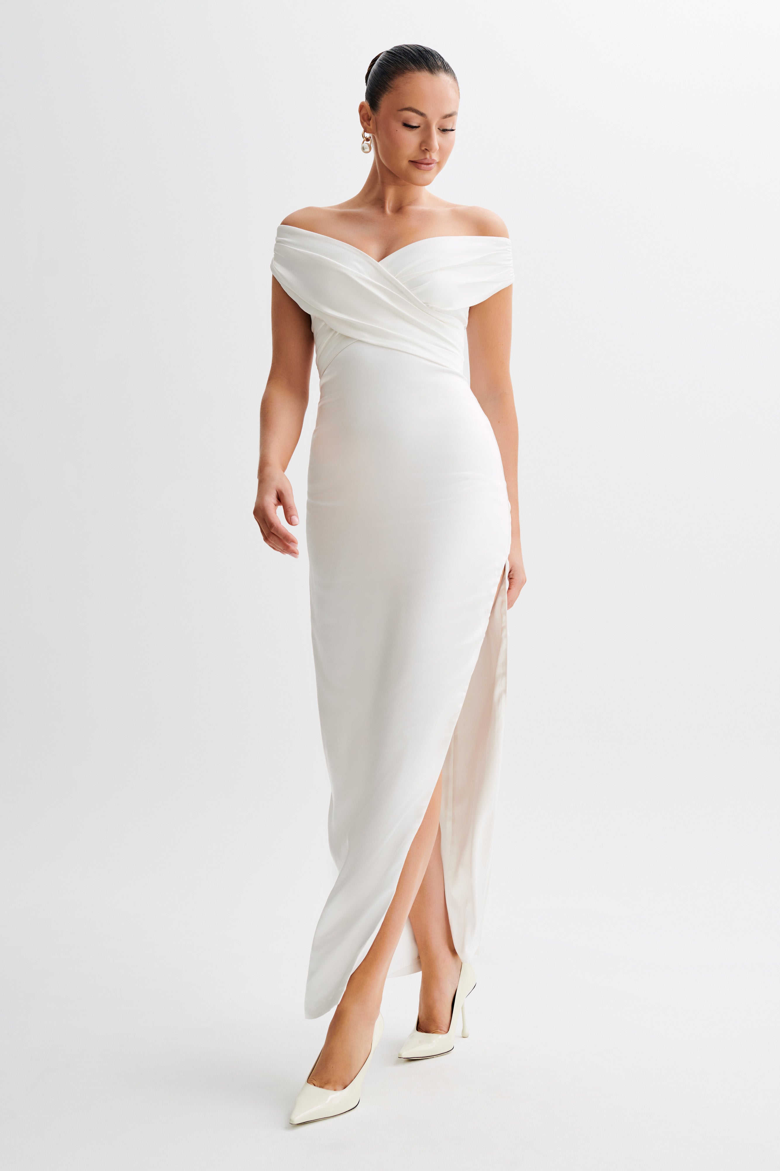 Harley Off Shoulder Satin Maxi Dress - Ivory-My Chic Way.All Rights Reserved