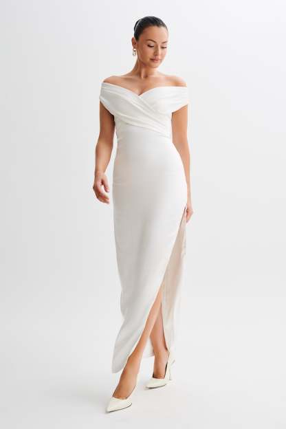 Harley Off Shoulder Satin Maxi Dress - Ivory-My Chic Way.All Rights Reserved