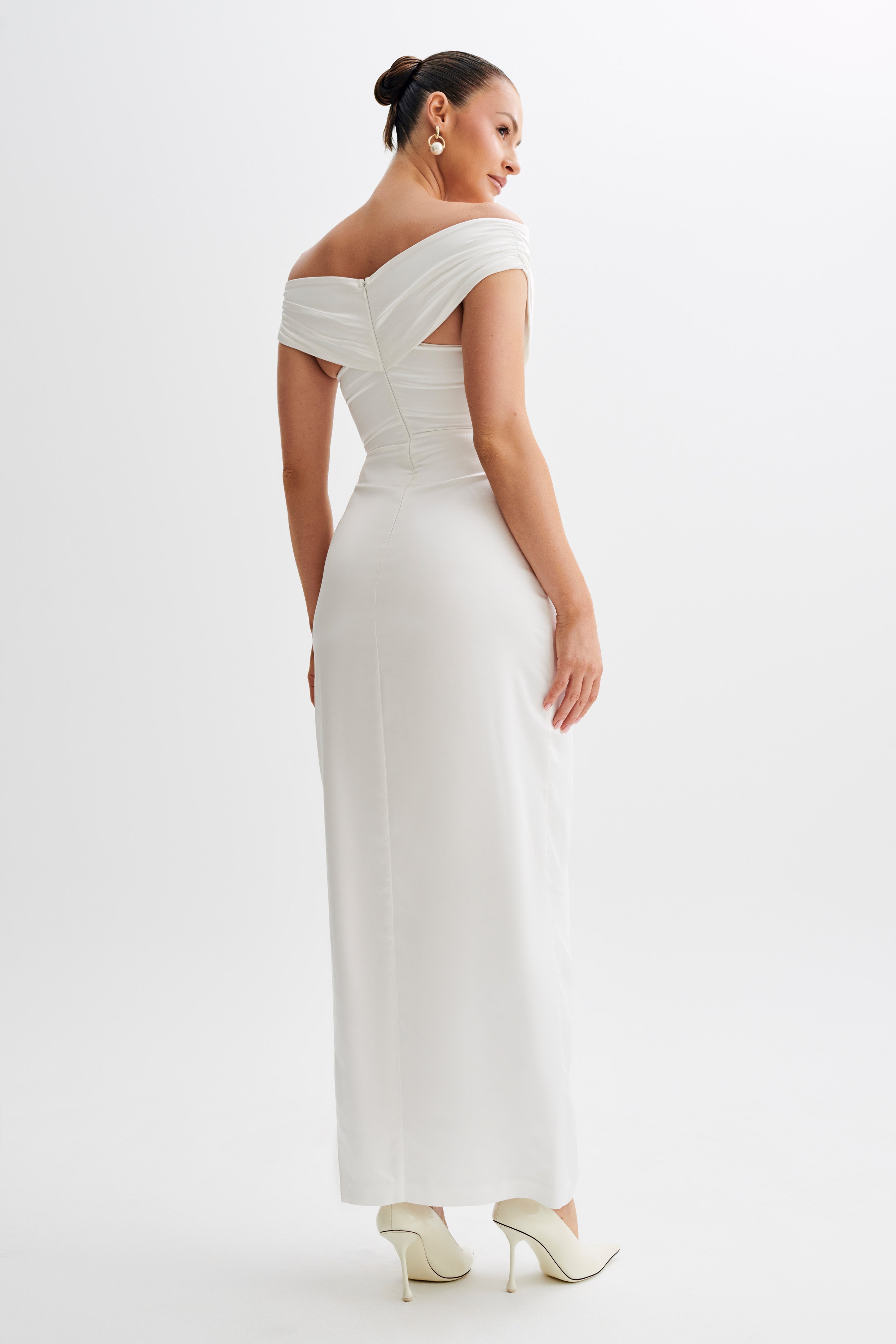 Harley Off Shoulder Satin Maxi Dress - Ivory-My Chic Way.All Rights Reserved