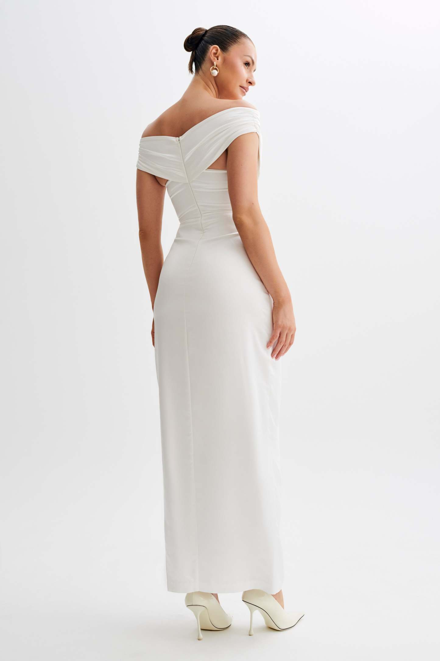 Harley Off Shoulder Satin Maxi Dress - Ivory-My Chic Way.All Rights Reserved